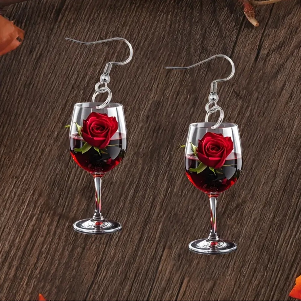 Wine Glass Earrings with Red Rose Design